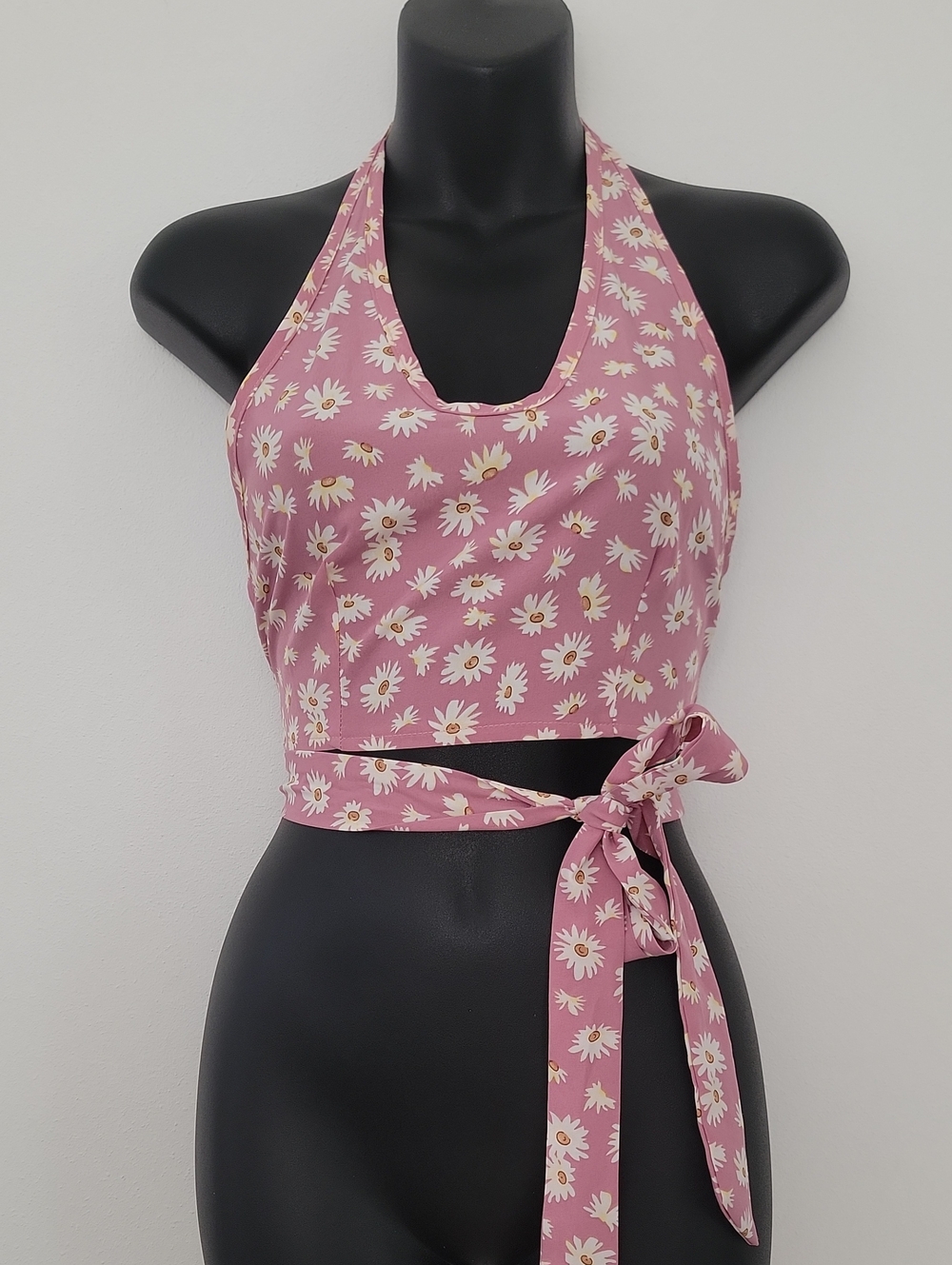 Women’s Pink Daisy Halter Tie-Wrap Crop Top